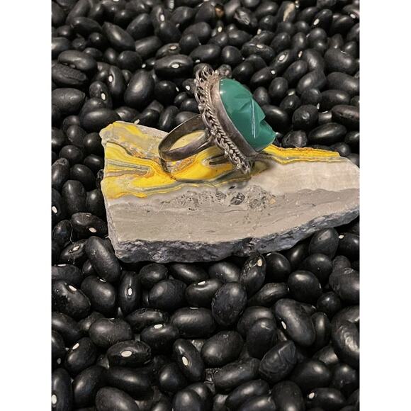 Mexico Sterling Silver Carved Green Onyx Aztec Mayan Face Ring🌵Size 6 - Picture 6 of 8